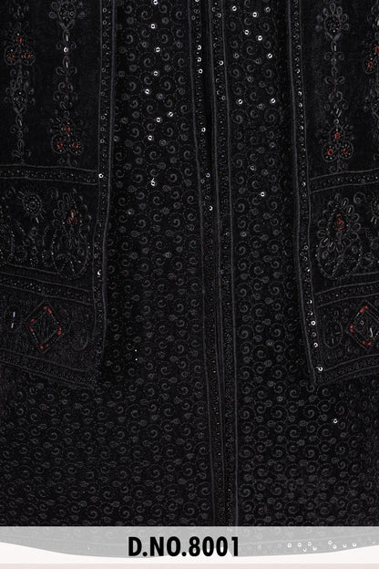 Men Black Velvet Indo Sherwani – Unstitched Premium Wedding Wear