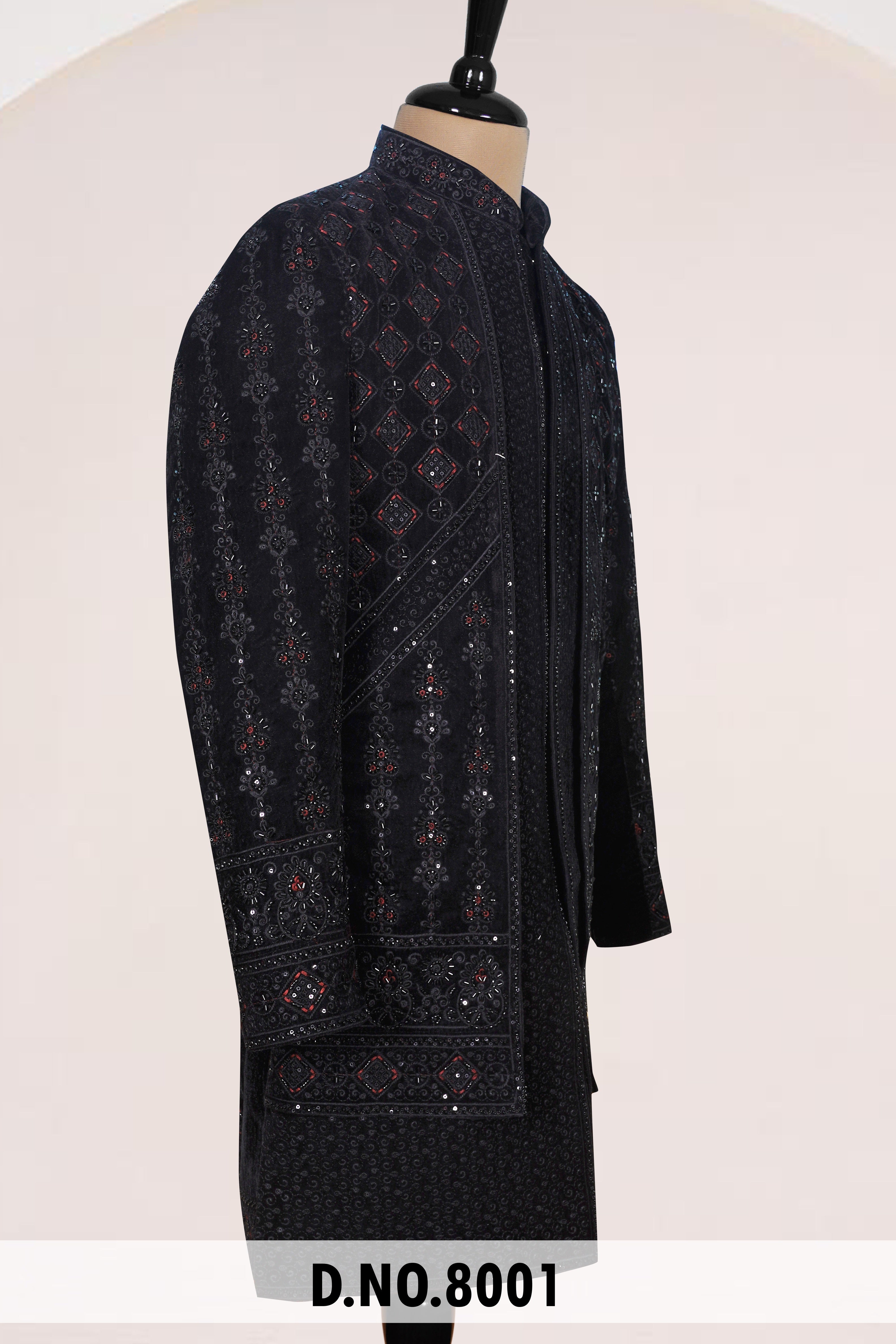 Men Black Velvet Indo Sherwani – Unstitched Premium Wedding Wear