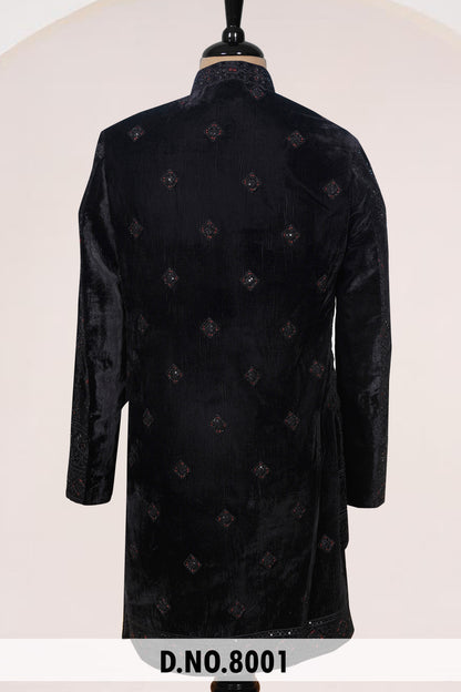Men Black Velvet Indo Sherwani – Unstitched Premium Wedding Wear