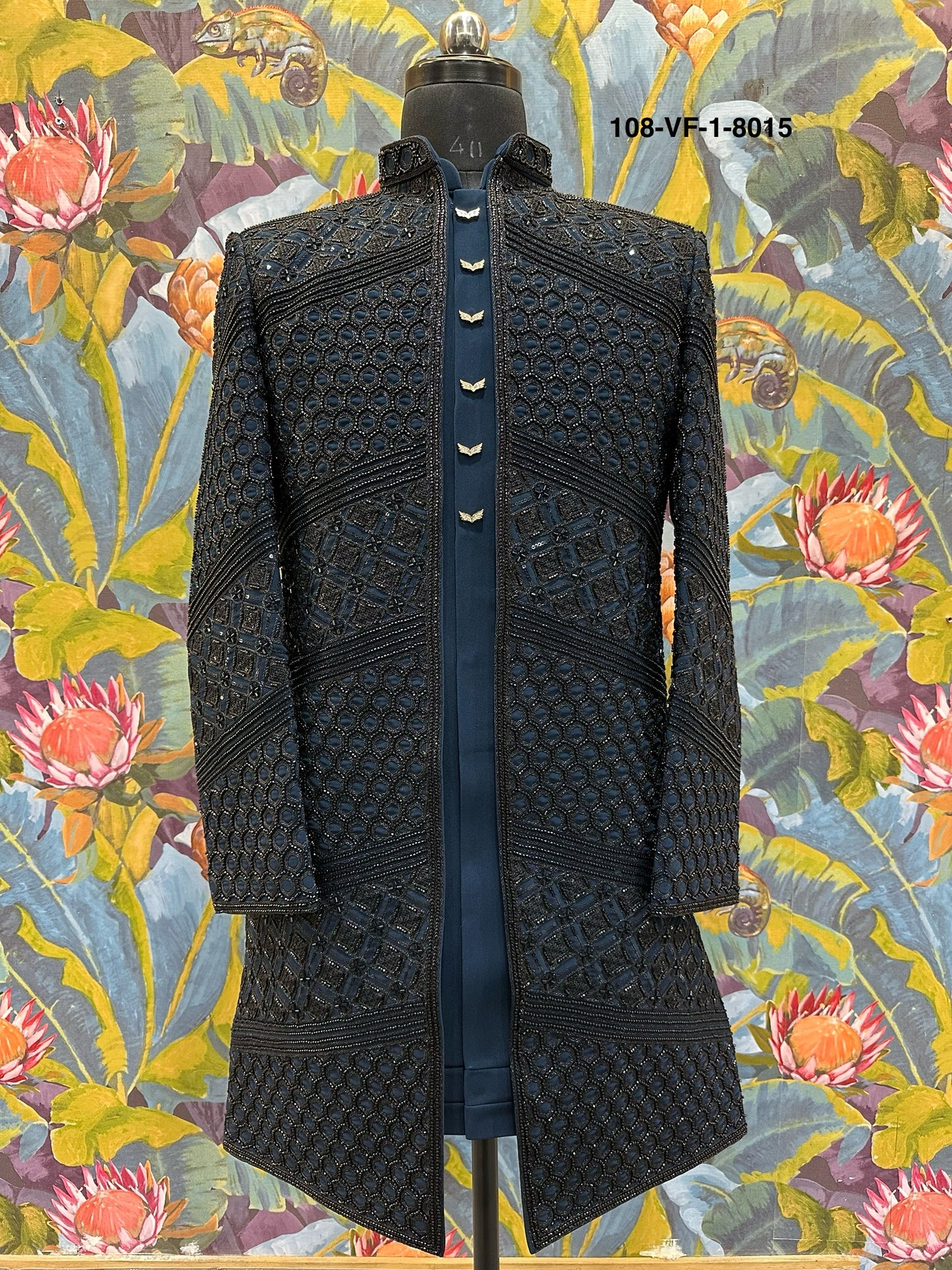 Premium men’s indo sherwani made from high quality TR Lachko fabric in elegant Rama color.