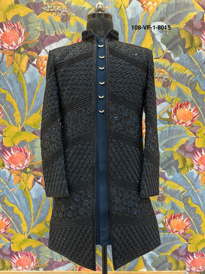 Premium men’s indo sherwani made from high quality TR Lachko fabric in elegant Rama color.