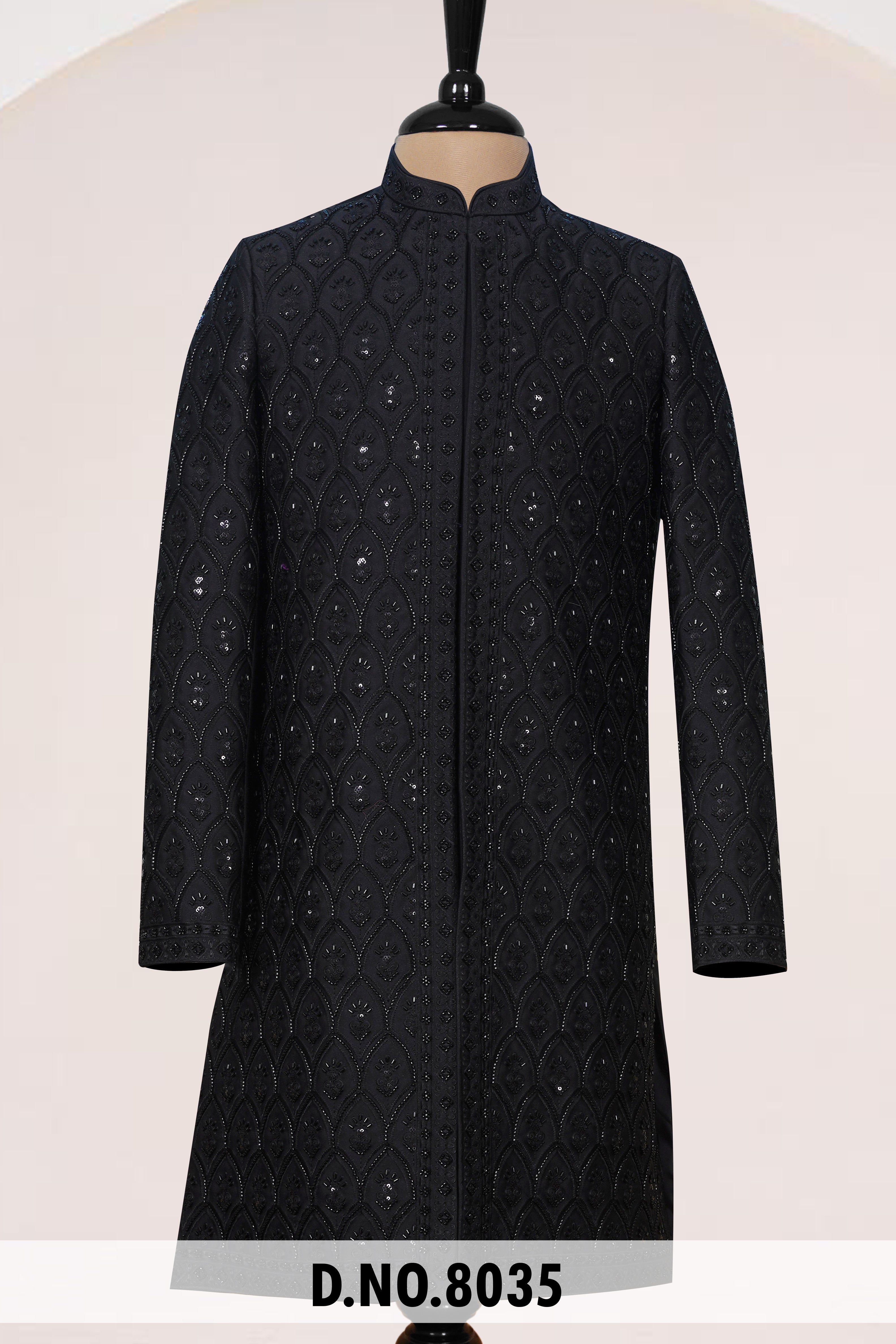 Men Black Crepe Indo Sherwani with Pant – Unstitched Premium Wear