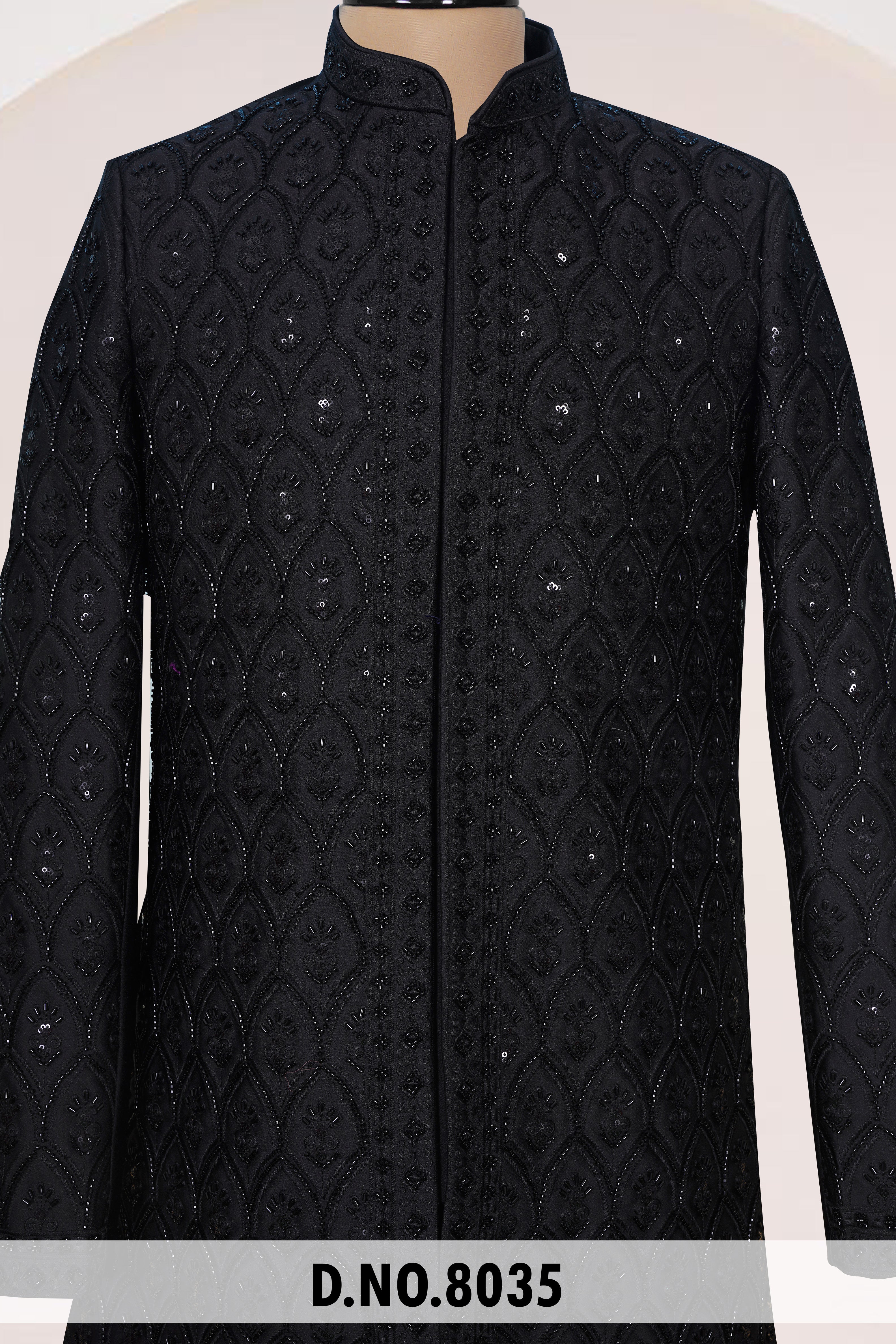 Men Black Crepe Indo Sherwani with Pant – Unstitched Premium Wear