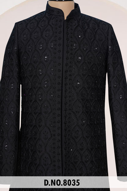 Men Black Crepe Indo Sherwani with Pant – Unstitched Premium Wear