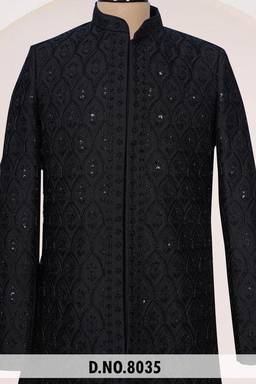 Men Black Crepe Indo Sherwani with Pant – Unstitched Premium Wear
