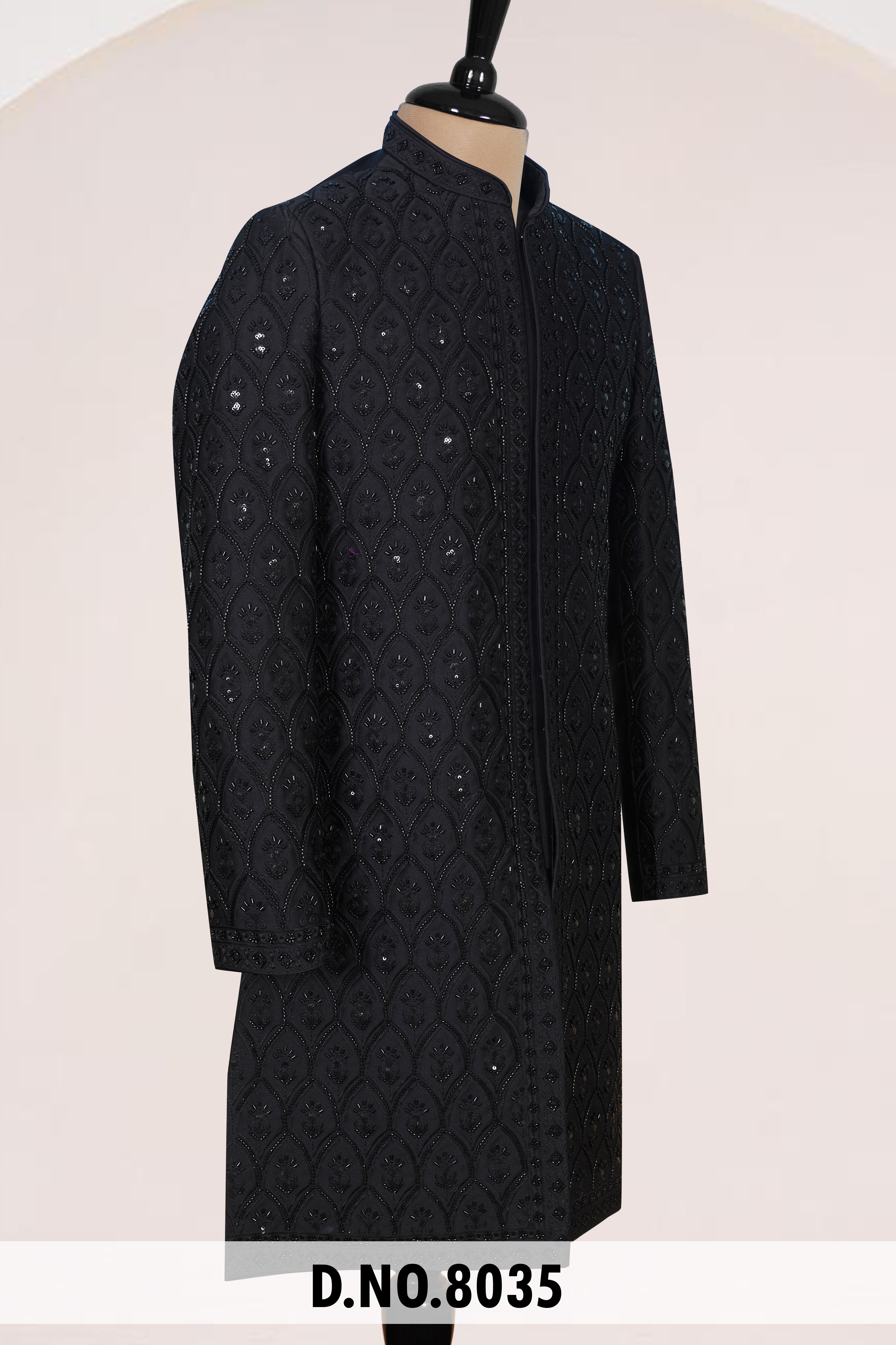 Men Black Crepe Indo Sherwani with Pant – Unstitched Premium Wear