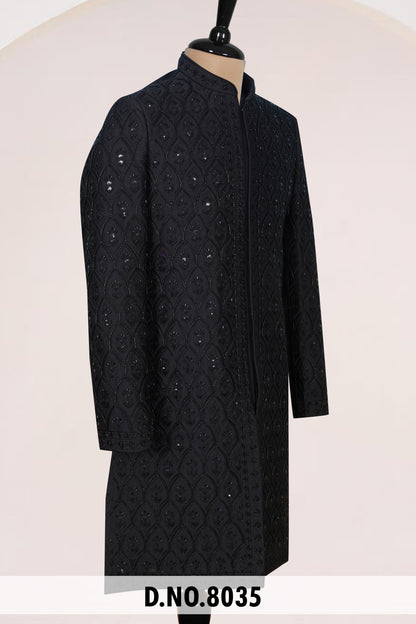 Men Black Crepe Indo Sherwani with Pant – Unstitched Premium Wear