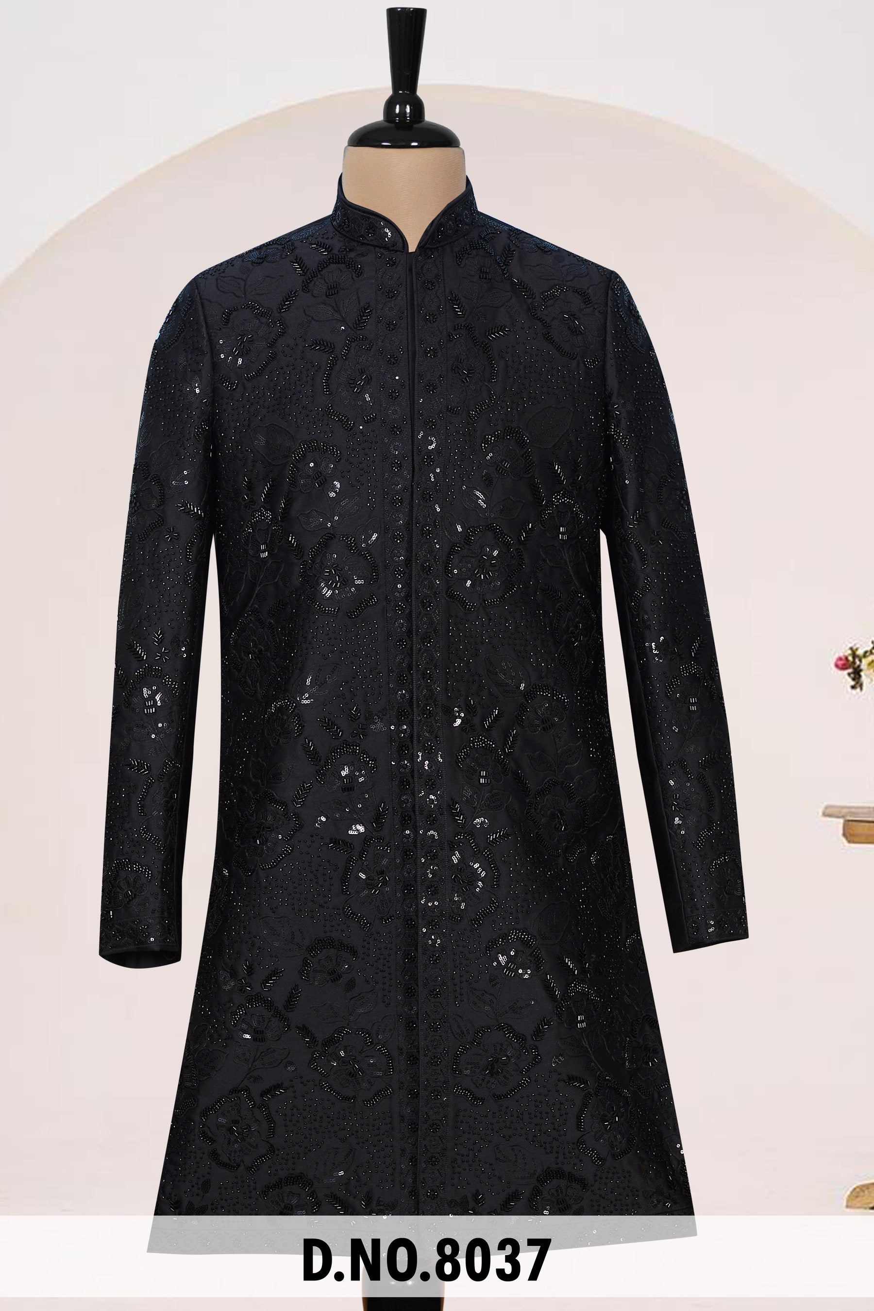 Men Black Crepe Indo Sherwani with Pant – Unstitched Premium Wedding Wear