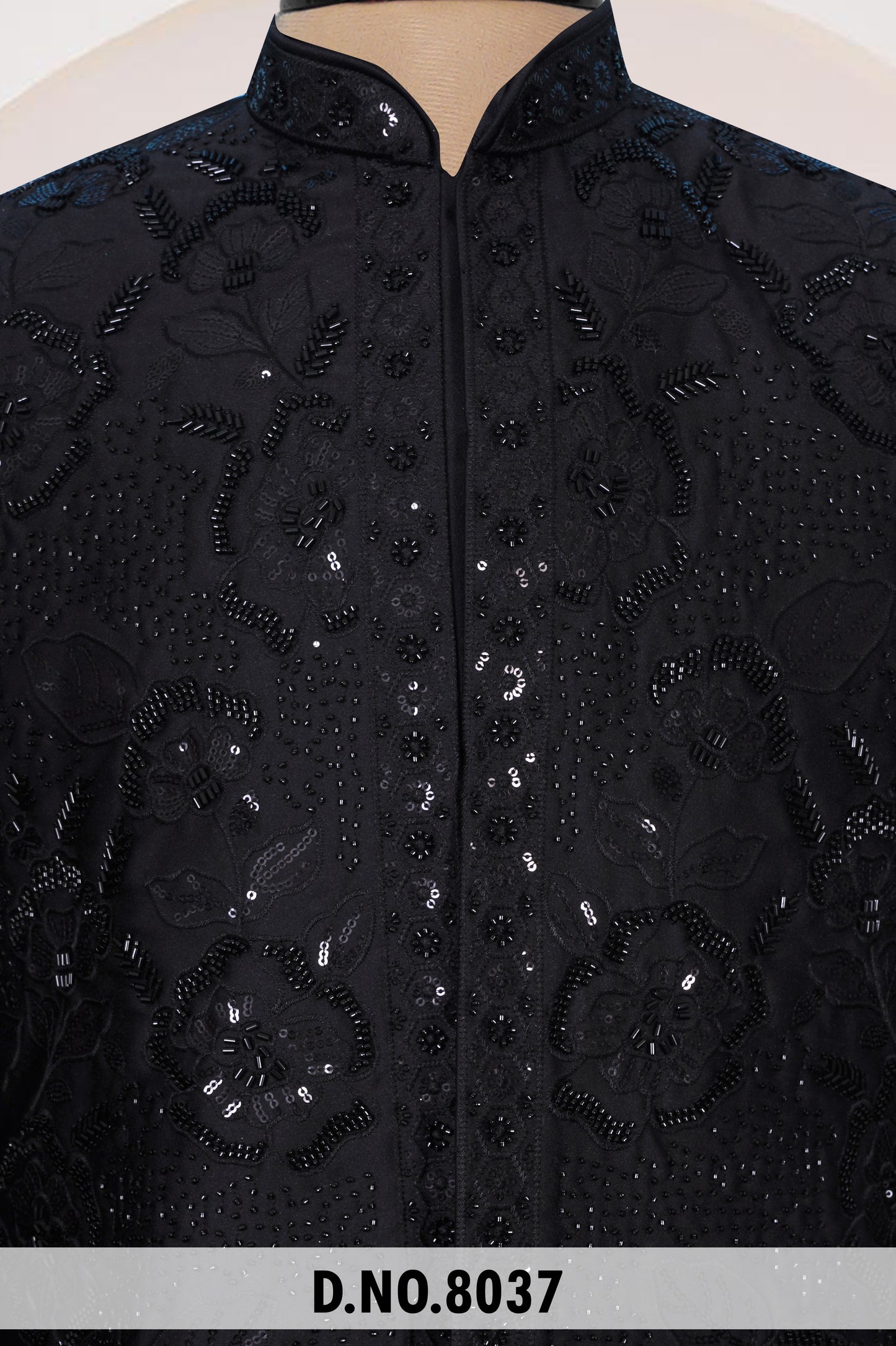 Men Black Crepe Indo Sherwani with Pant – Unstitched Premium Wedding Wear