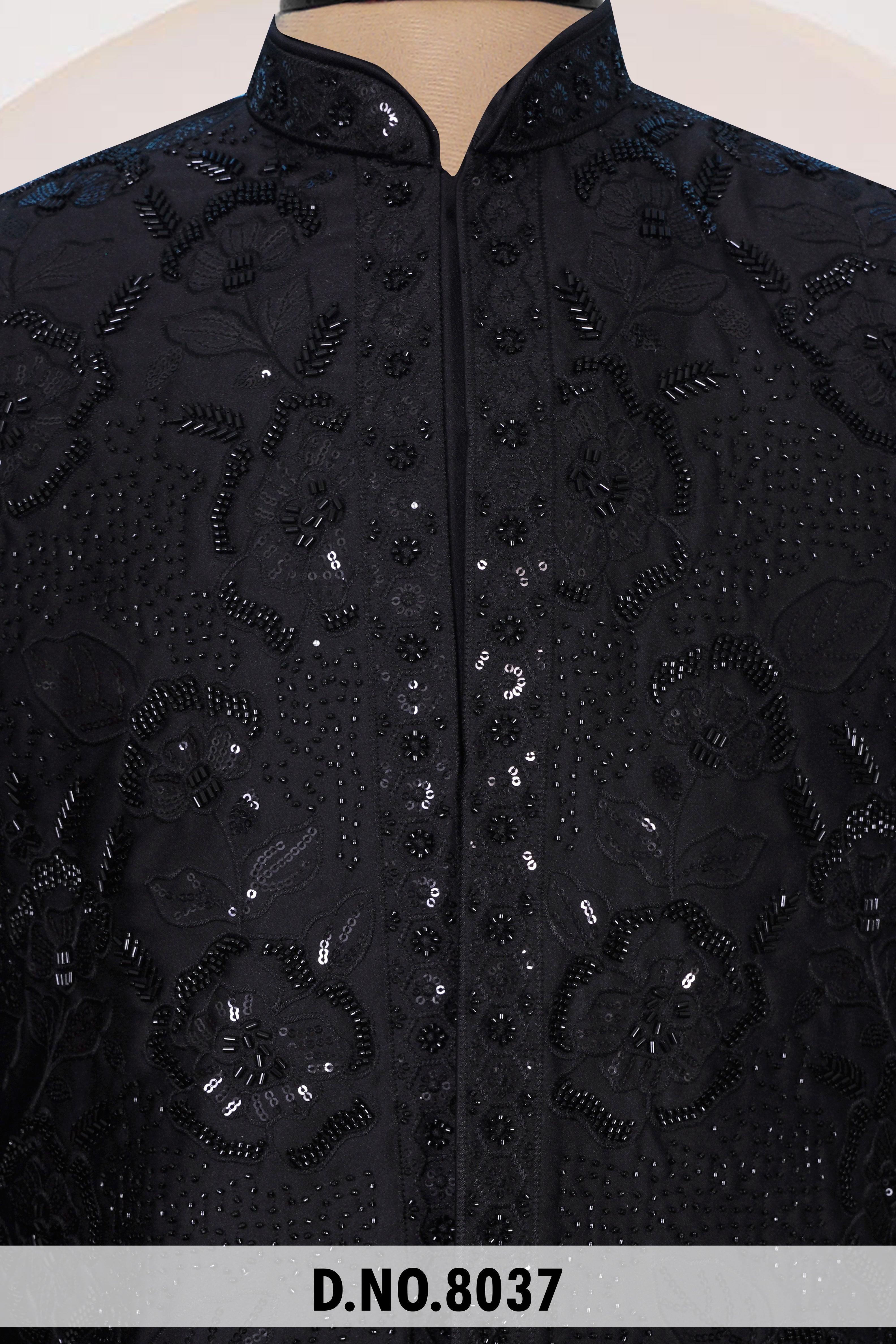 Men Black Crepe Indo Sherwani with Pant – Unstitched Premium Wedding Wear