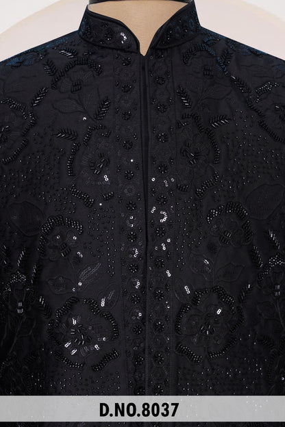 Men Black Crepe Indo Sherwani with Pant – Unstitched Premium Wedding Wear