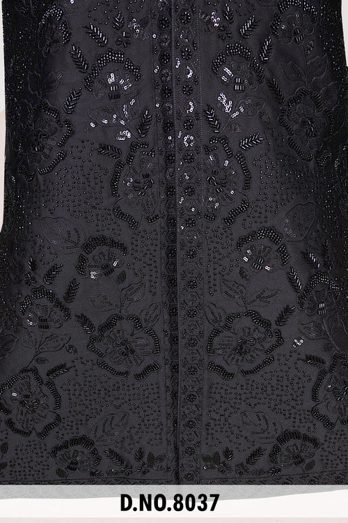 Men Black Crepe Indo Sherwani with Pant – Unstitched Premium Wedding Wear