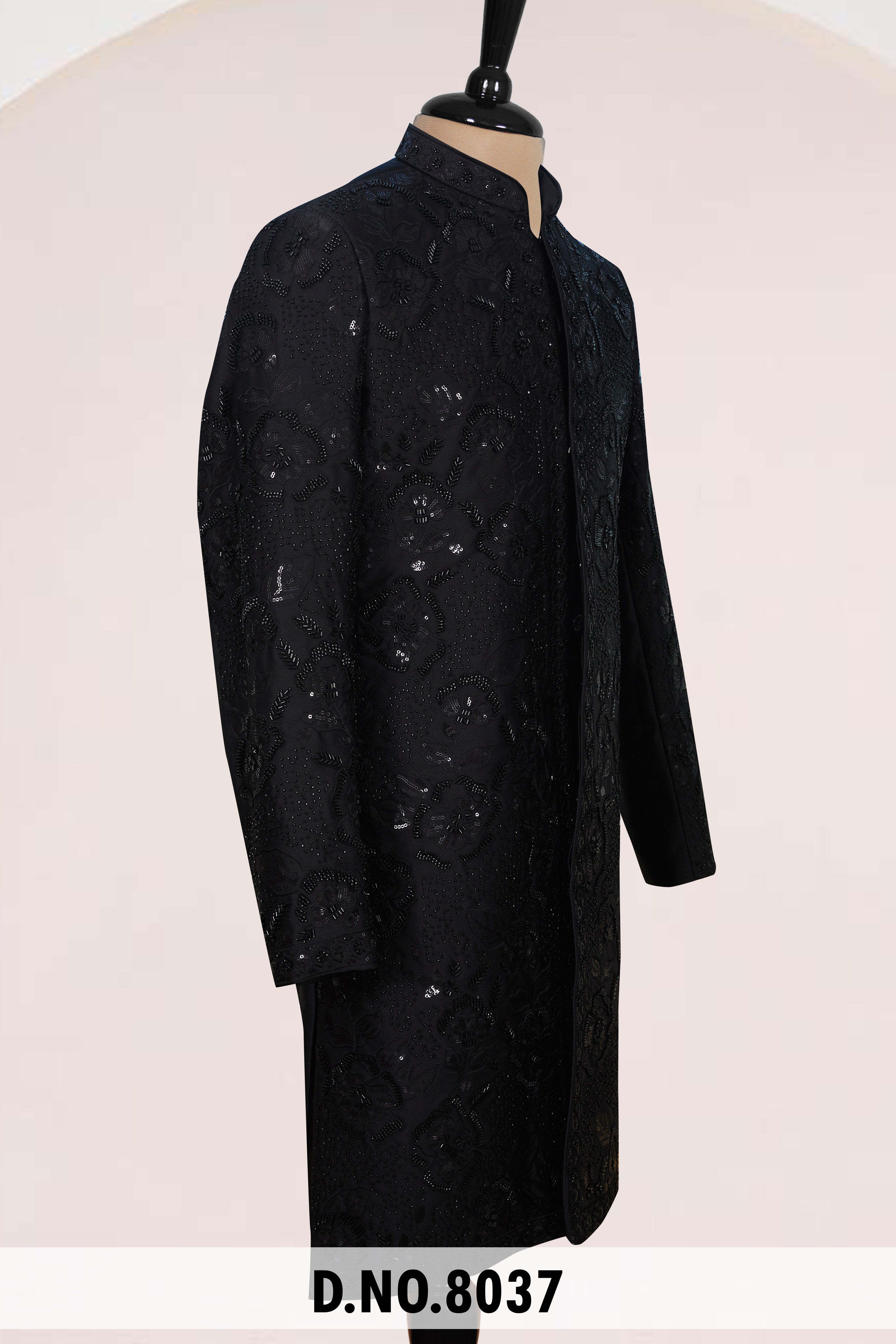 Men Black Crepe Indo Sherwani with Pant – Unstitched Premium Wedding Wear