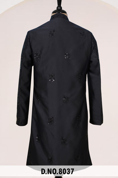 Men Black Crepe Indo Sherwani with Pant – Unstitched Premium Wedding Wear