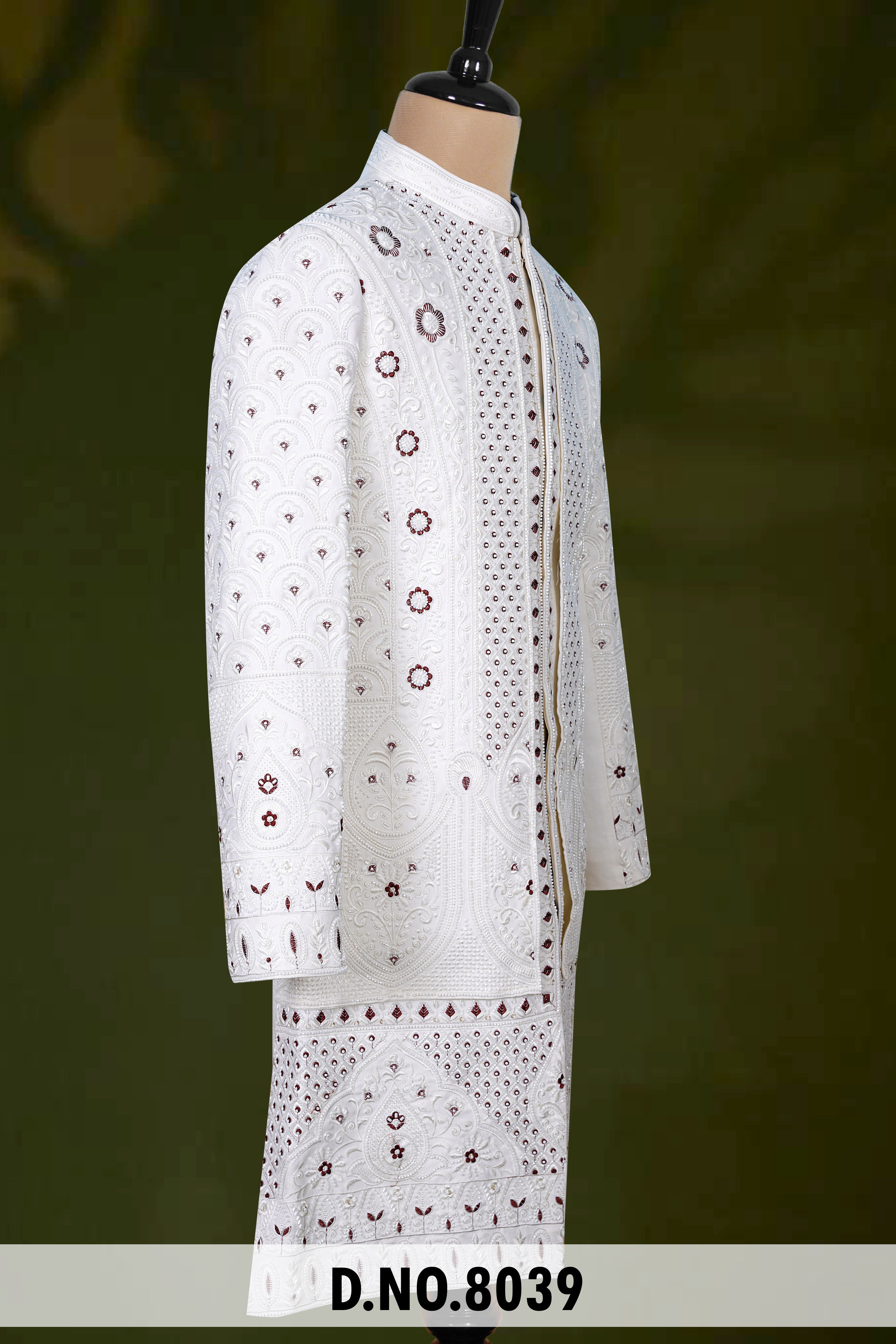 Men White Devine Touch Indo Sherwani with Pant – Unstitched Wedding Wear