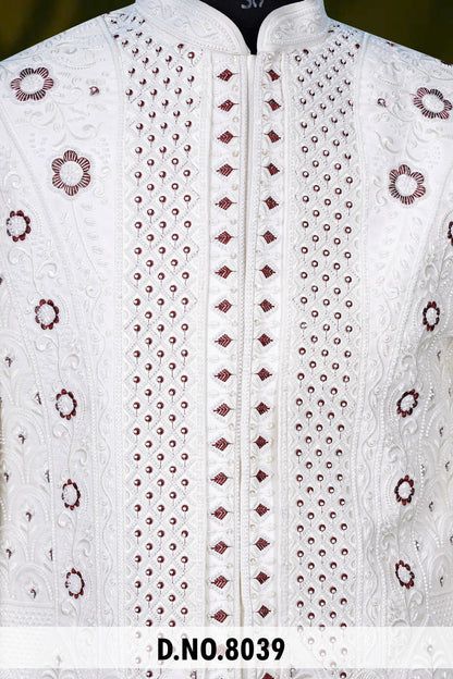 Men White Devine Touch Indo Sherwani with Pant – Unstitched Wedding Wear
