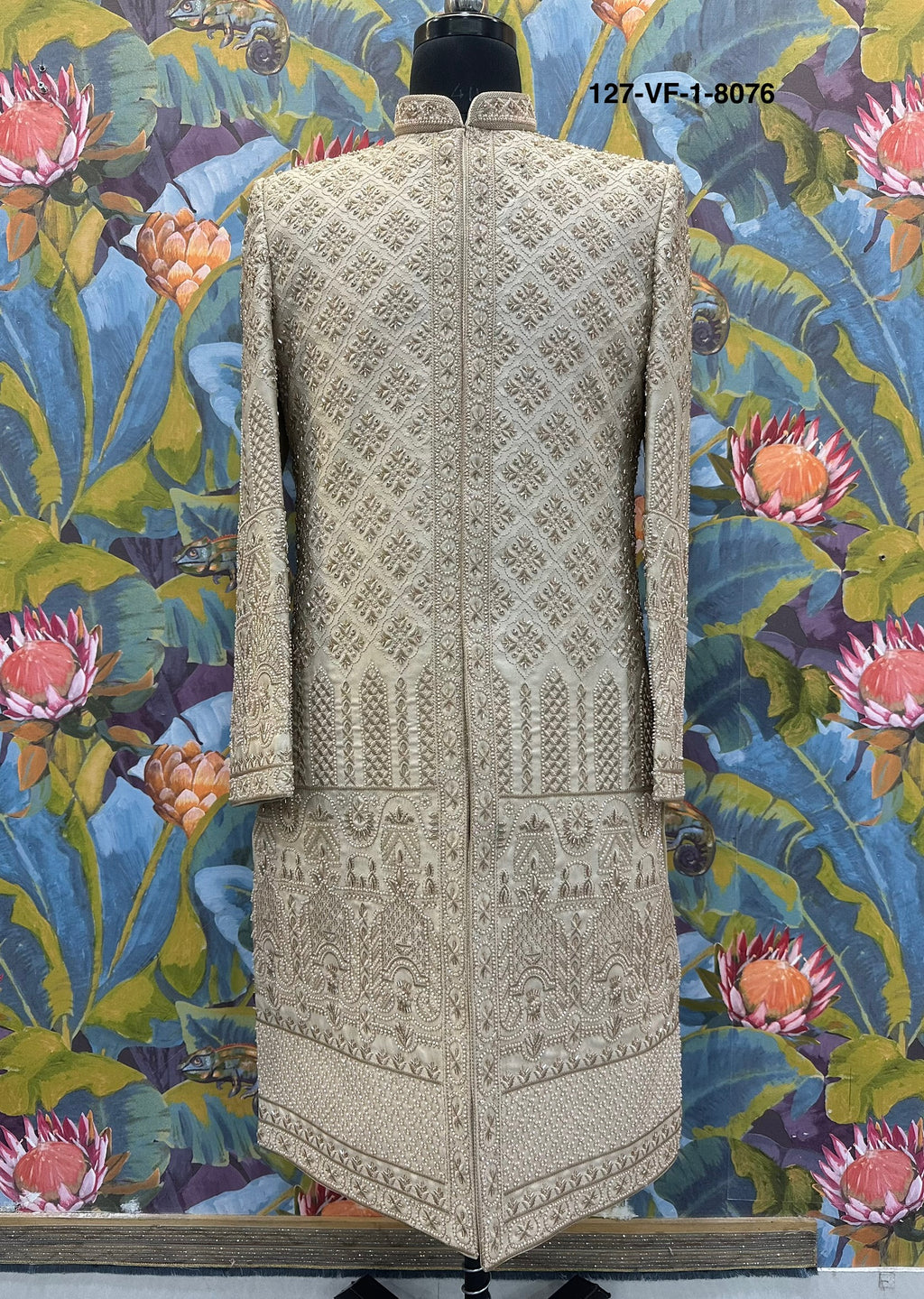 Men Chiku Versa Silk Indo Sherwani with Pant – Unstitched Wedding Wear