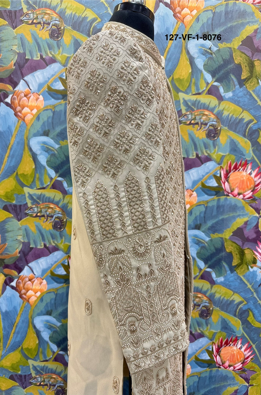 Men Chiku Versa Silk Indo Sherwani with Pant – Unstitched Wedding Wear