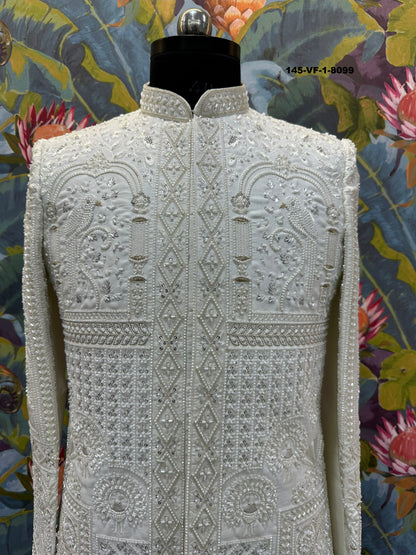 Men Premium Cream Heavy Embroidered Sherwani Fabric with Free Pant & Kamar Belt – Unstitched Wedding Wear