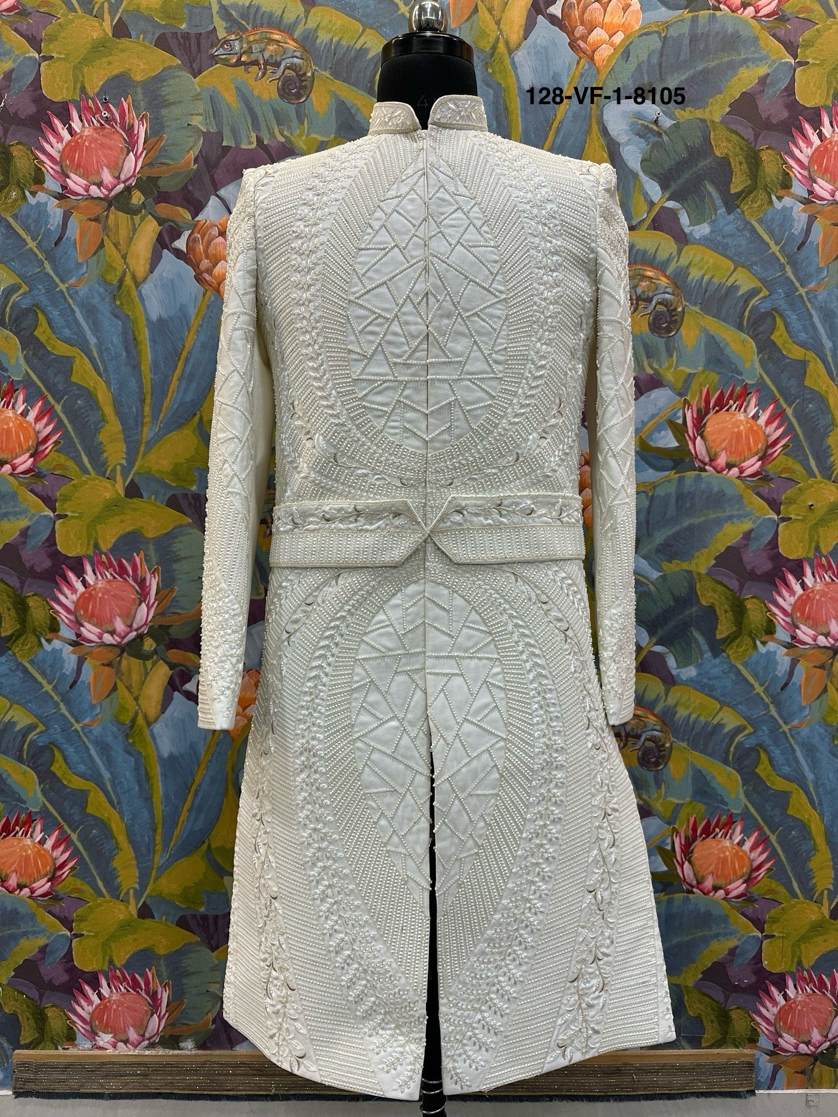 Men Cream Devine Touch Indo Sherwani with Pant – Unstitched Wedding Wear