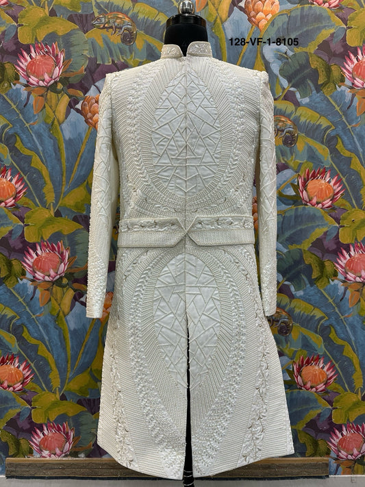 Men Cream Devine Touch Indo Sherwani with Pant – Unstitched Wedding Wear