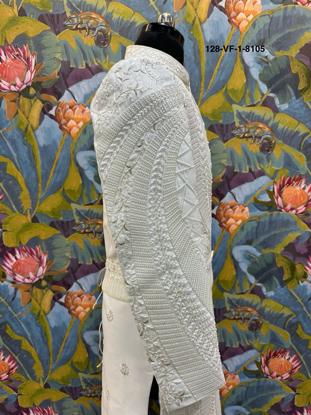 Men Cream Devine Touch Indo Sherwani with Pant – Unstitched Wedding Wear