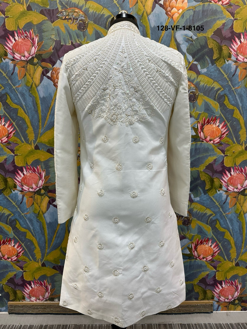 Men Cream Devine Touch Indo Sherwani with Pant – Unstitched Wedding Wear