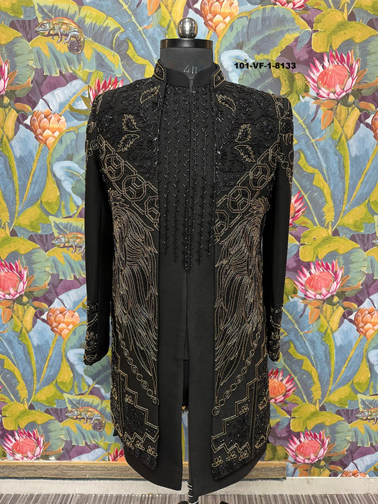 Men Premium Black Velvet Embroidered Sherwani Fabric – Unstitched Wedding Wear