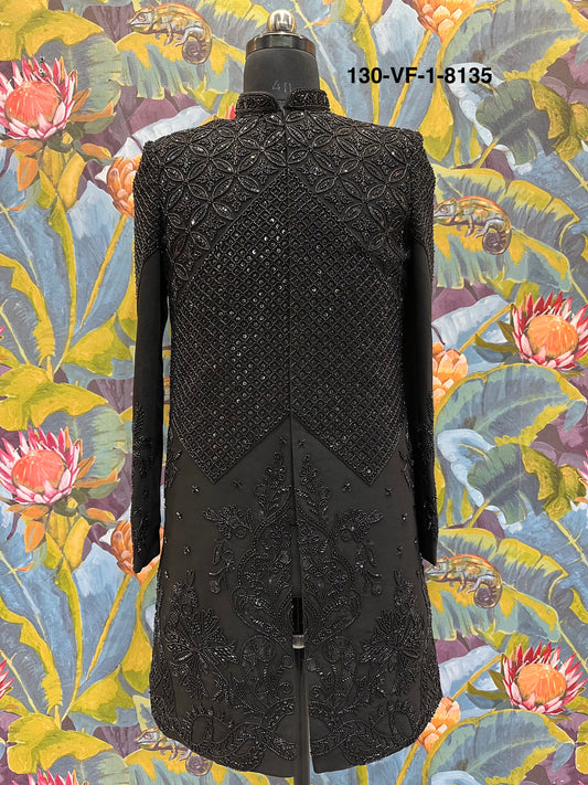 Men Premium Black Embroidered Kurta Koti Fabric – Unstitched Designer Wear