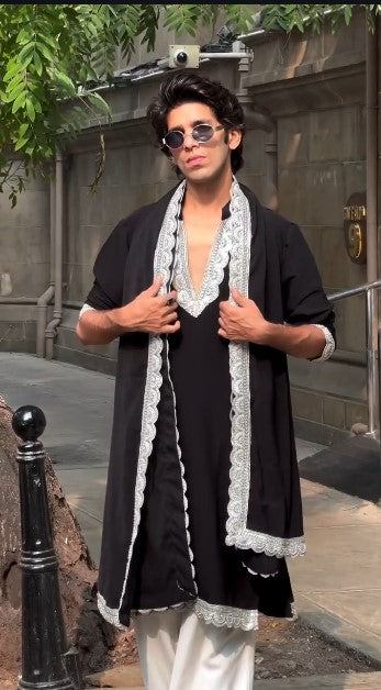Premium Black Neck-Work Heavy Armani  Kurta Set with Silver Embroidered Dupatta for Men