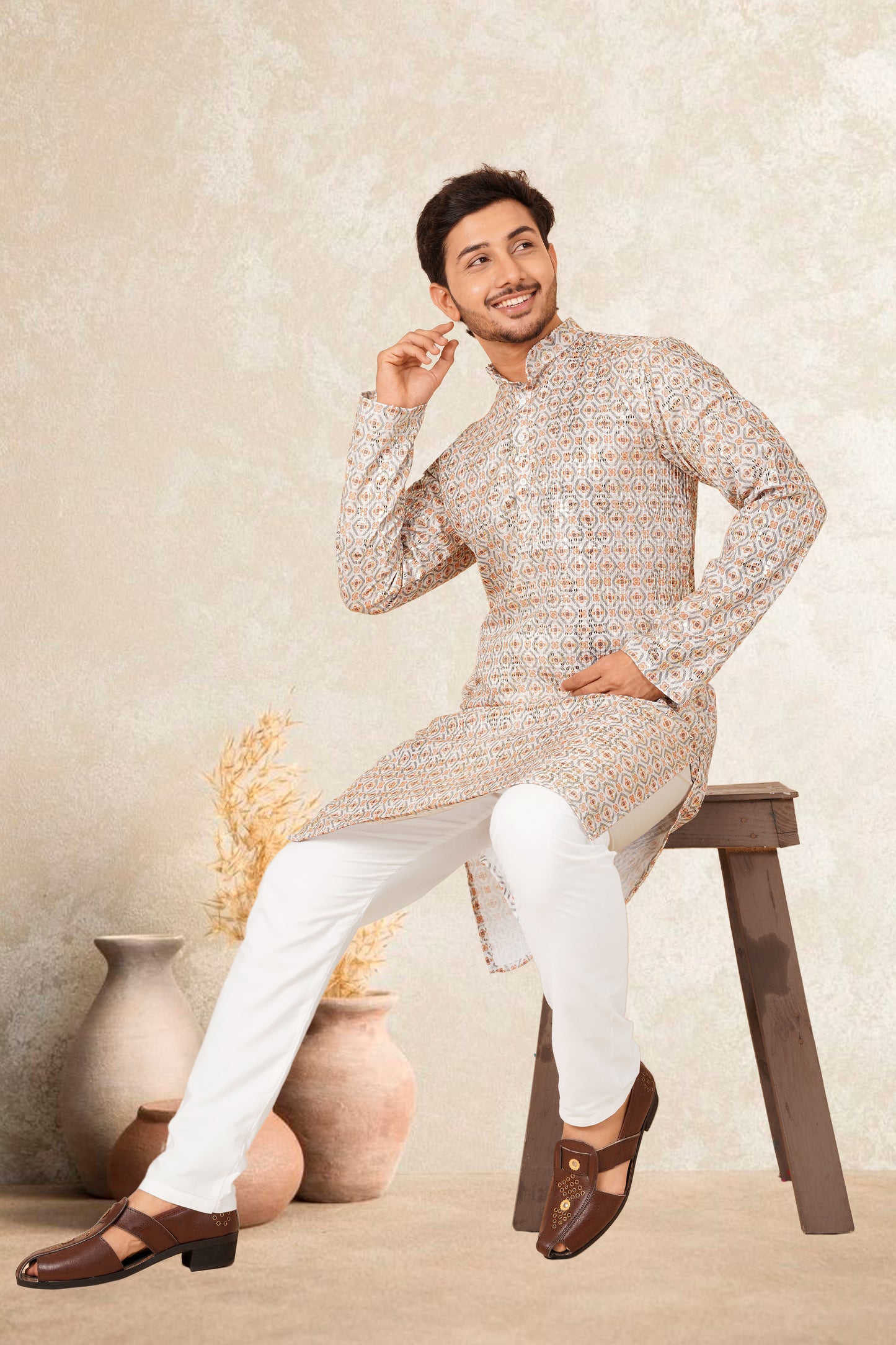 MANAV PRINTED WITH EMBROIDERY MEN'S KURTA SET