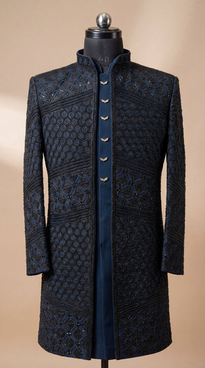 Premium men’s indo sherwani made from high quality TR Lachko fabric in elegant Rama color.