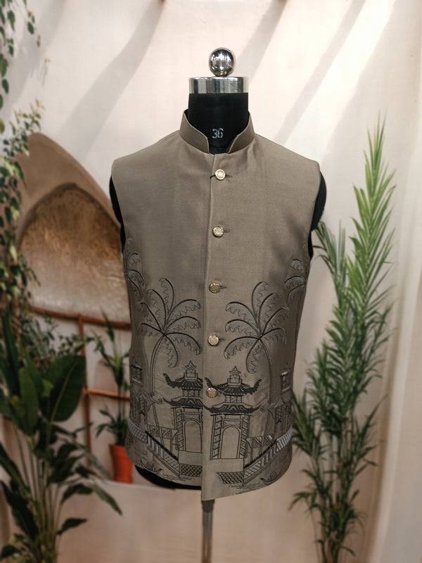 remium Light Brown Men's Koti | Embroidered Tropical Scenic Hem Nehru Jacket