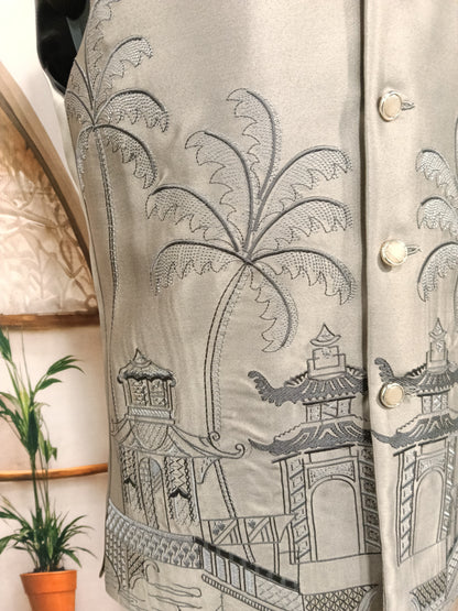 remium Light Brown Men's Koti | Embroidered Tropical Scenic Hem Nehru Jacket