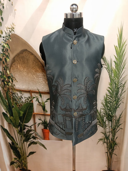 Premium Dark Slate Men's Koti | Embroidered Tropical Scenic Hem Nehru Jacket