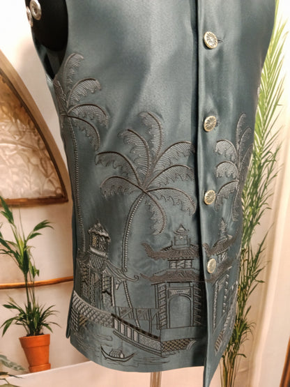 Premium Dark Slate Men's Koti | Embroidered Tropical Scenic Hem Nehru Jacket