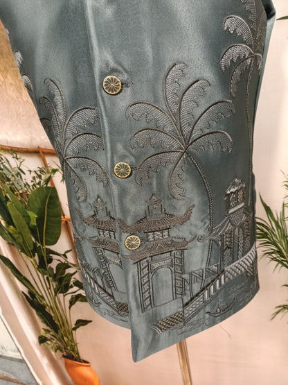 Premium Dark Slate Men's Koti | Embroidered Tropical Scenic Hem Nehru Jacket