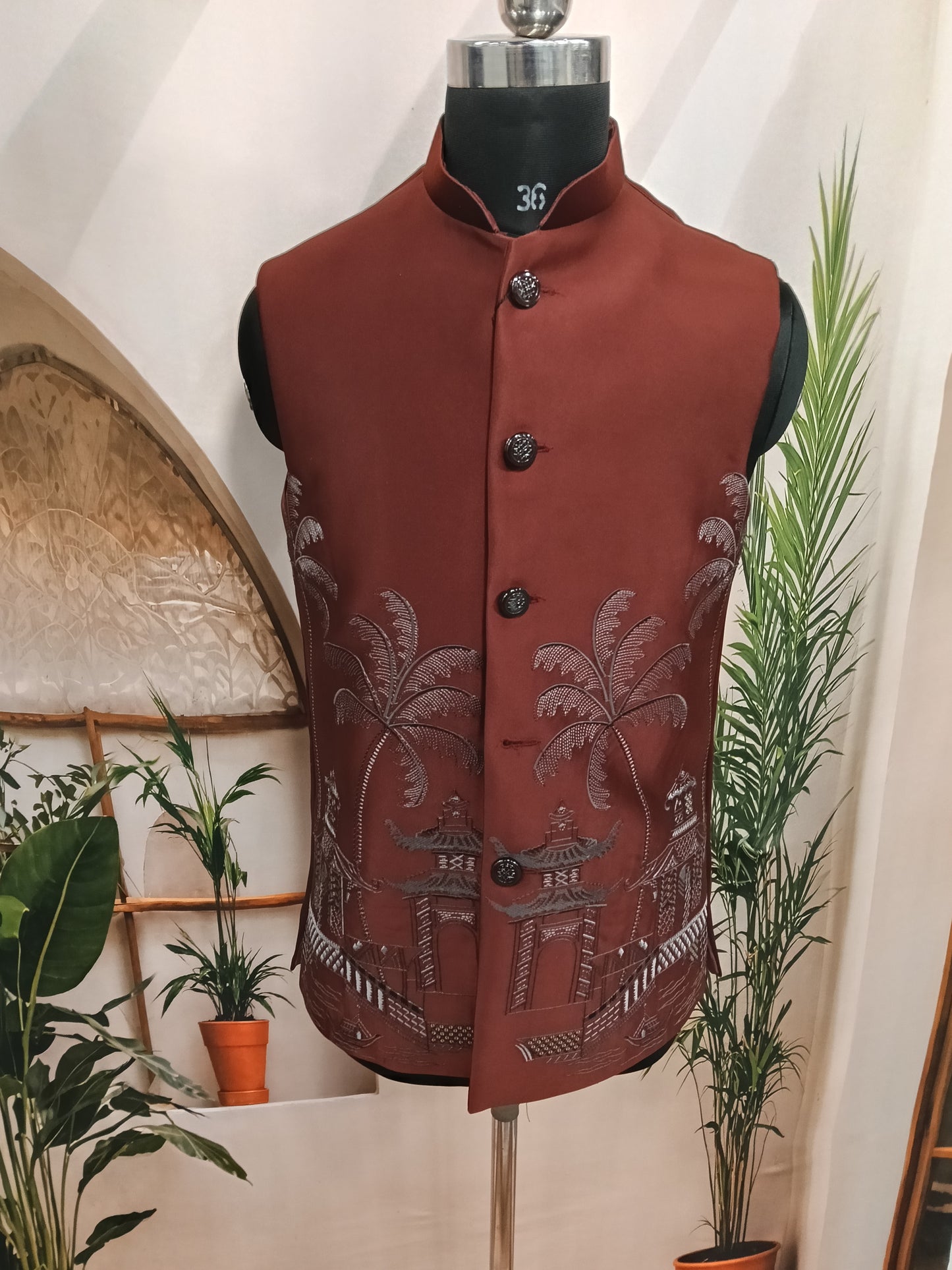 Premium Rust Terracotta Men's Koti | Tropical Scenic Hem Nehru Jacket