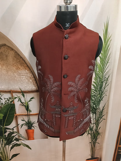 Premium Rust Terracotta Men's Koti | Tropical Scenic Hem Nehru Jacket