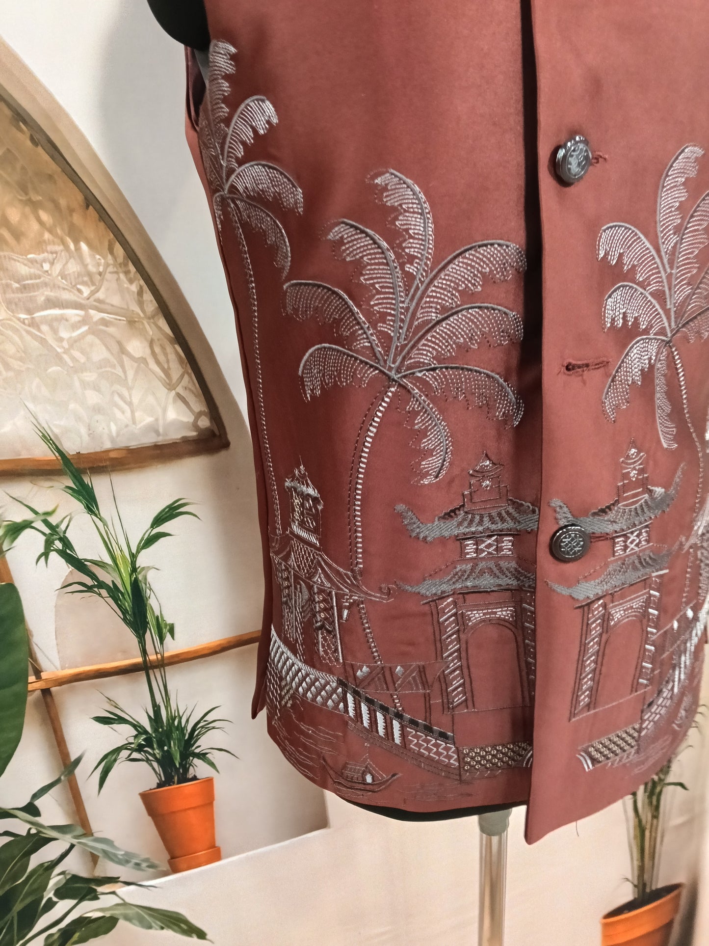 Premium Rust Terracotta Men's Koti | Tropical Scenic Hem Nehru Jacket