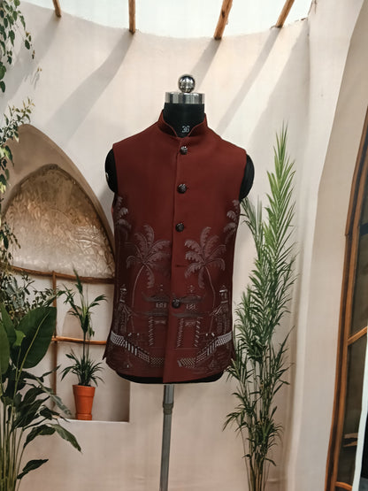 Premium Rust Terracotta Men's Koti | Tropical Scenic Hem Nehru Jacket