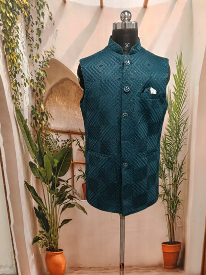 Premium Teal Green Geometric Men's Koti | Textured Diamond Nehru Jacket