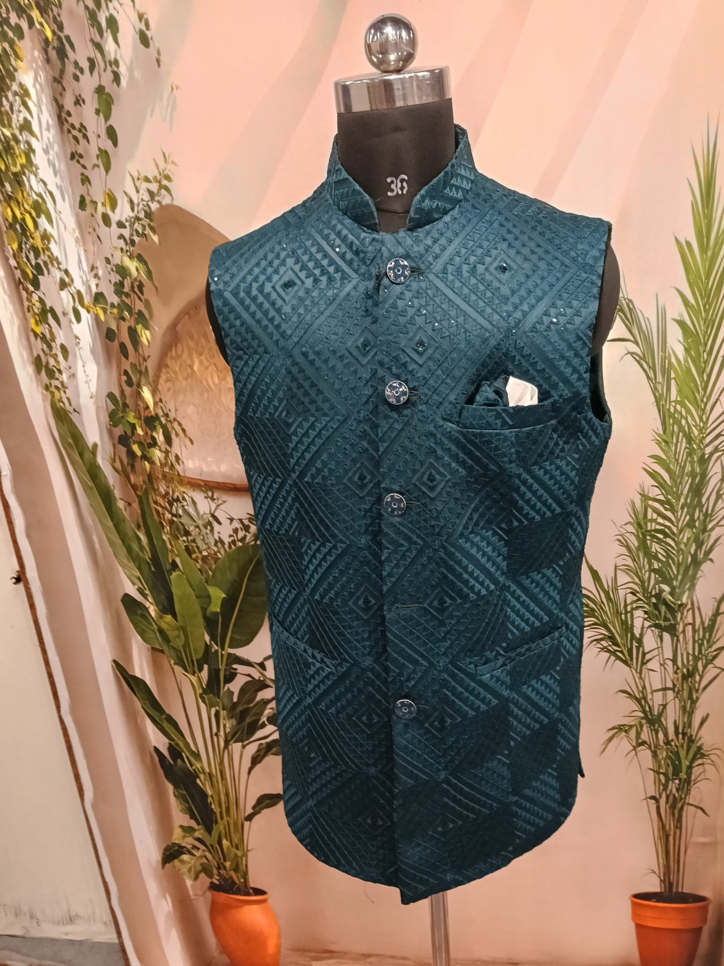 Premium Teal Green Geometric Men's Koti | Textured Diamond Nehru Jacket