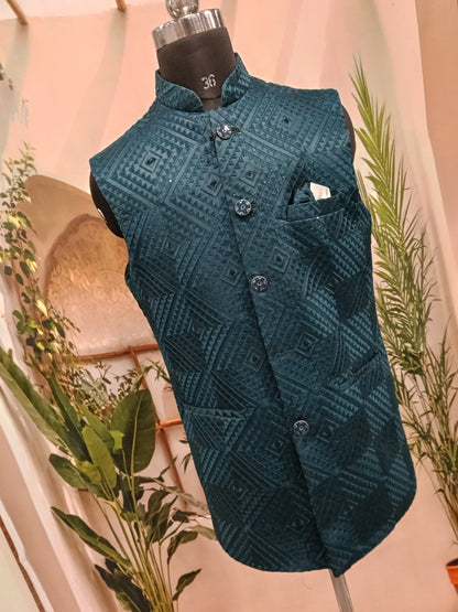 Premium Teal Green Geometric Men's Koti | Textured Diamond Nehru Jacket