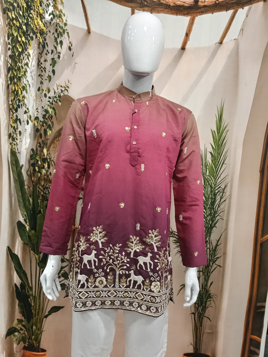 Premium Ombre Plum Men's Kurta | Embroidered Forest & Deer Motif