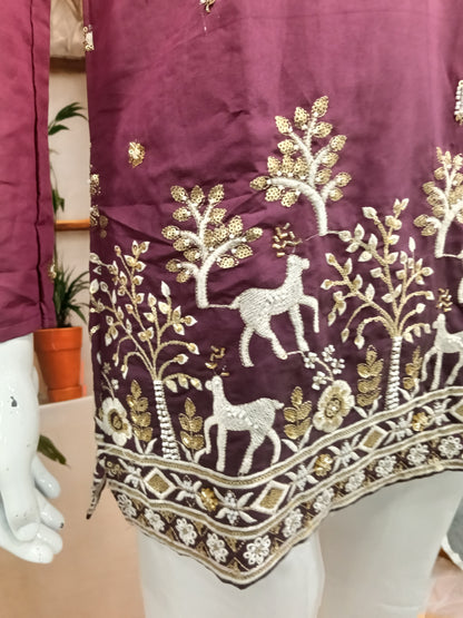 Premium Ombre Plum Men's Kurta | Embroidered Forest & Deer Motif