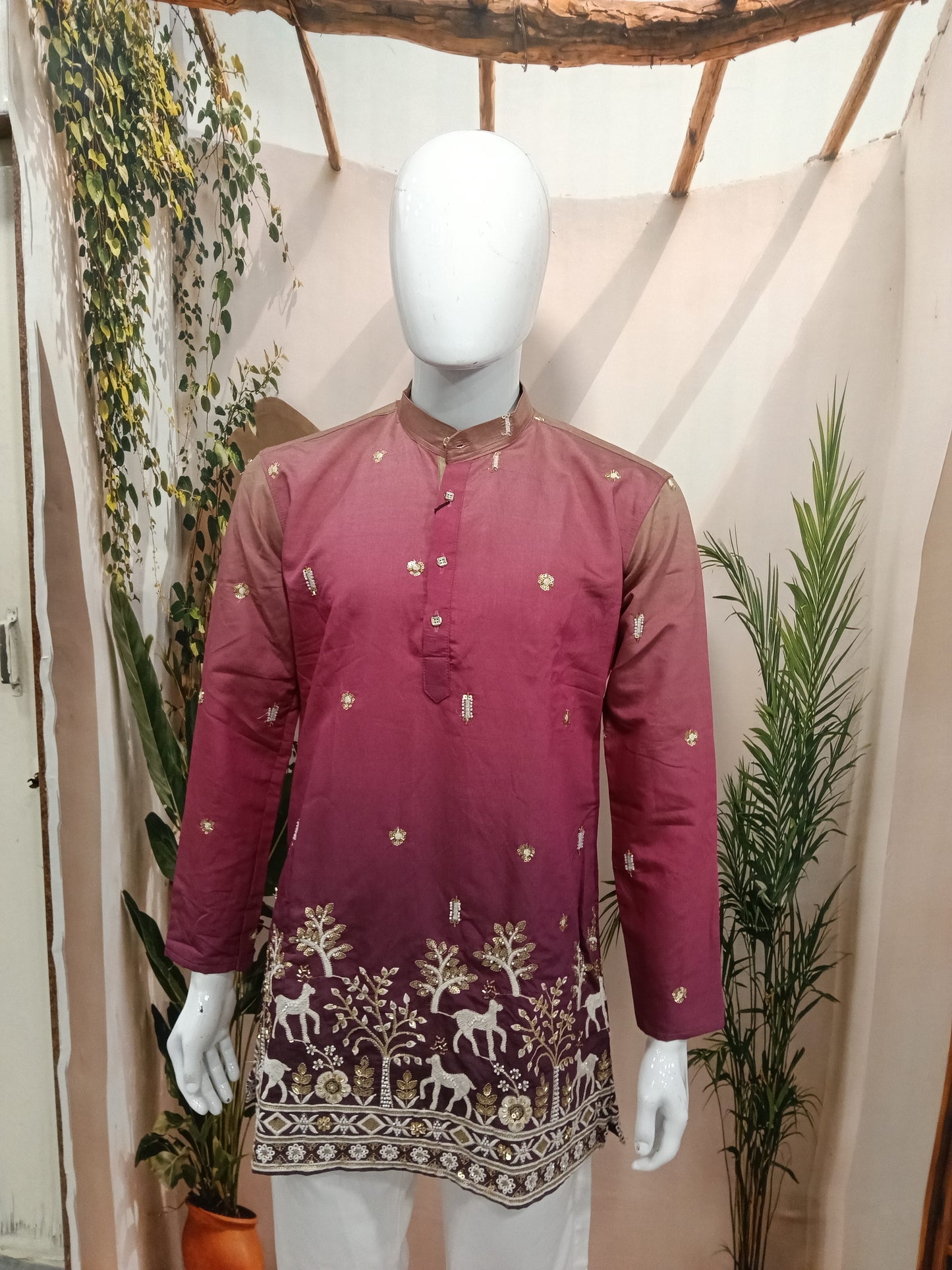 Premium Ombre Plum Men's Kurta | Embroidered Forest & Deer Motif