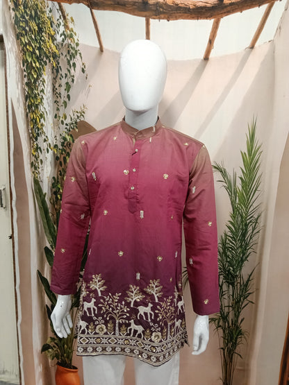 Premium Ombre Plum Men's Kurta | Embroidered Forest & Deer Motif