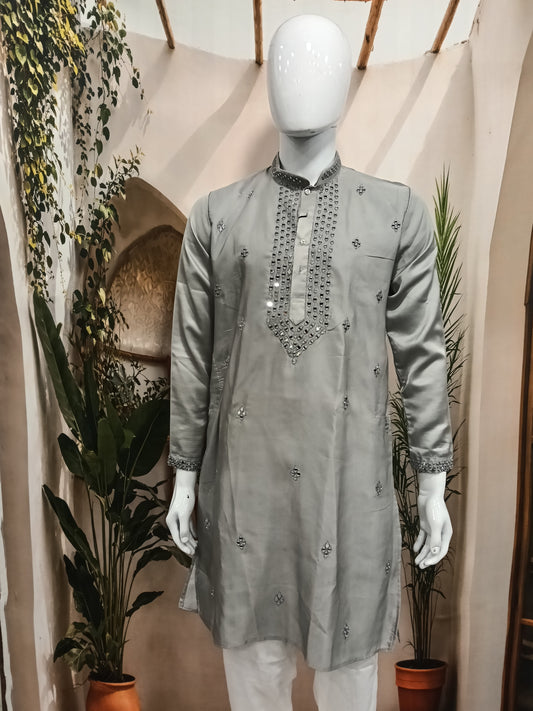 remium Silver Grey Men's Kurta | Heavy Mirror Work Yoke (Design 20221)