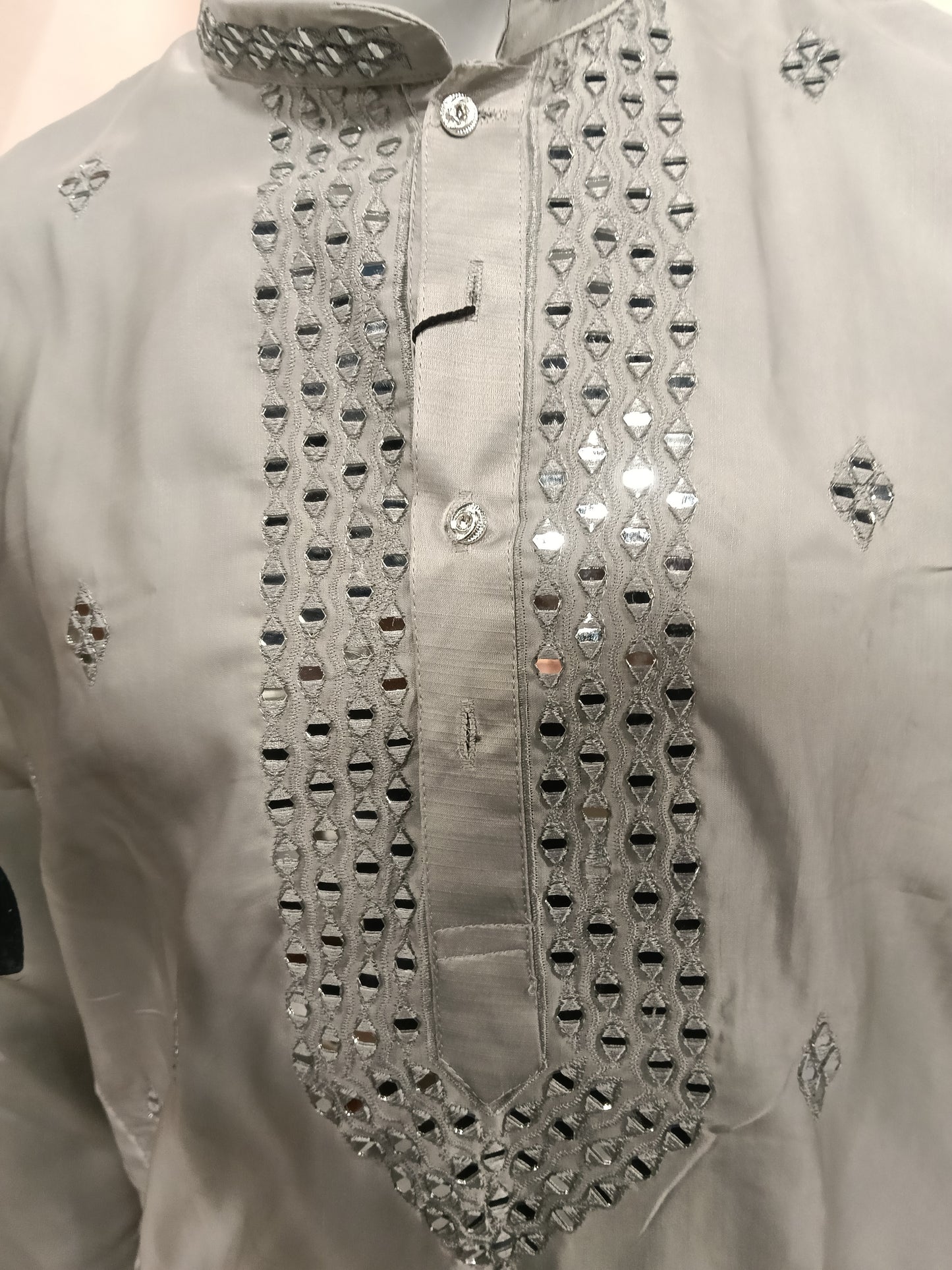 remium Silver Grey Men's Kurta | Heavy Mirror Work Yoke (Design 20221)